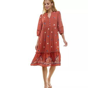 Women's Figueroa & Flower Elbow Sleeve Embroidered Midi Dress in Terracotta - S